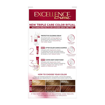 L'Oreal Paris Excellence Crème Permanent Hair Dye, Triple Care Hair Color with Hyaluronic Acid for 100% Gray Coverage, 6RB Light Reddish Brown, 1 Kit (Packaging May Vary)