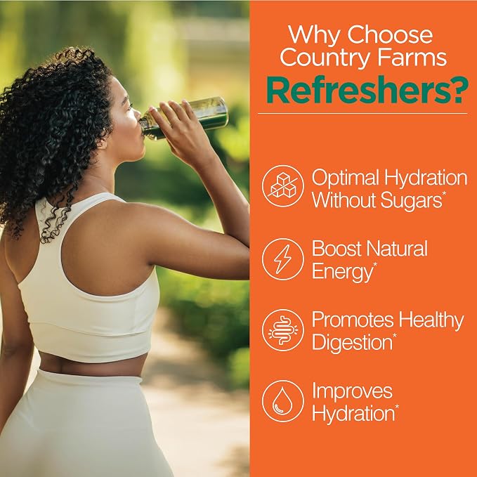 Country Farms Refreshers, Super Greens and Electrolytes, Essential Minerals and Superfoods, Hydration Support, Promotes Natural Energy, with Fiber, Tropical Mango, 30 Servings