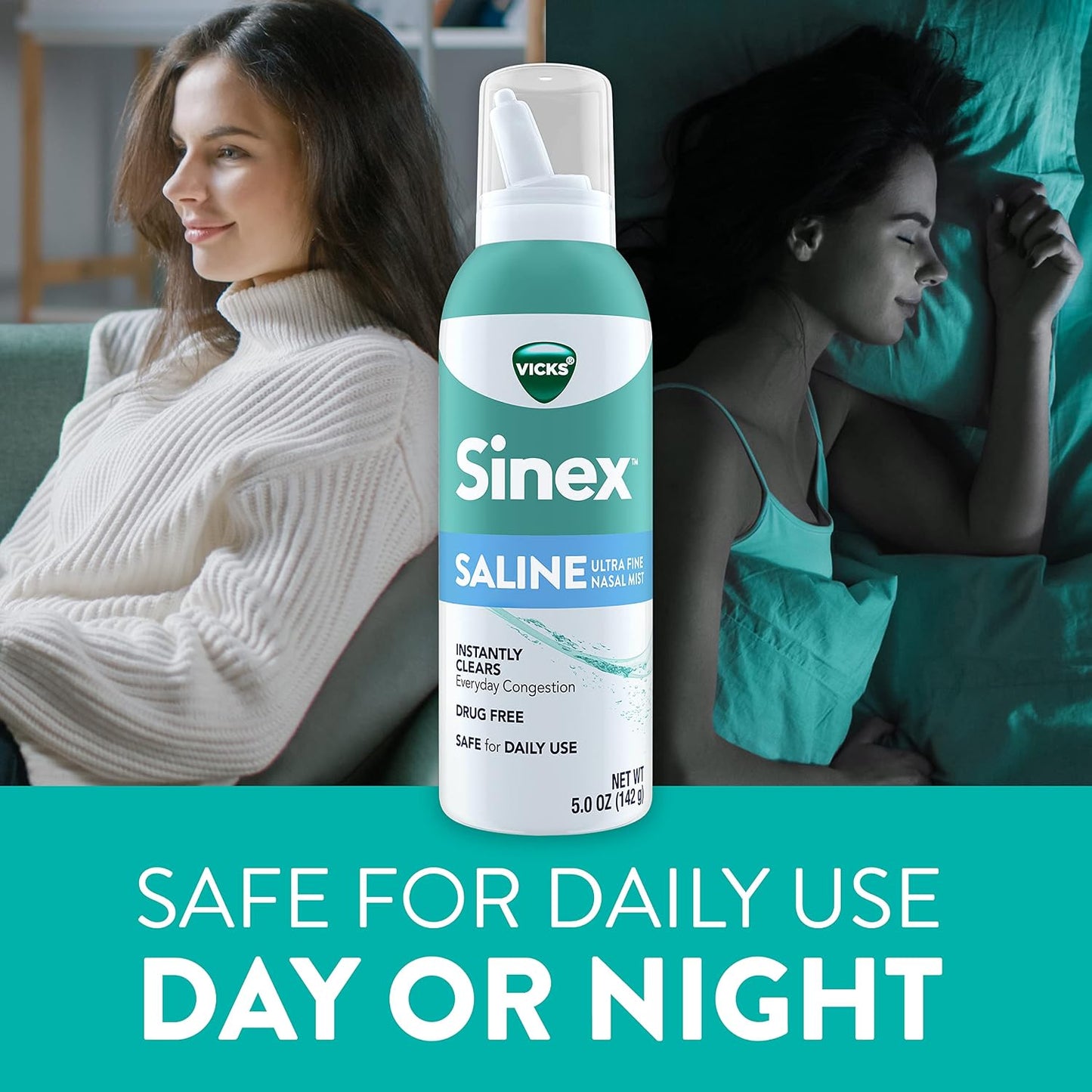 Vicks Sinex Saline Nasal Spray, Drug Free Ultra Fine Mist, Clear Everyday Sinus Congestion Fast, Clear Mucus from a Cold or Allergy, Daily Use 5.0 fl oz
