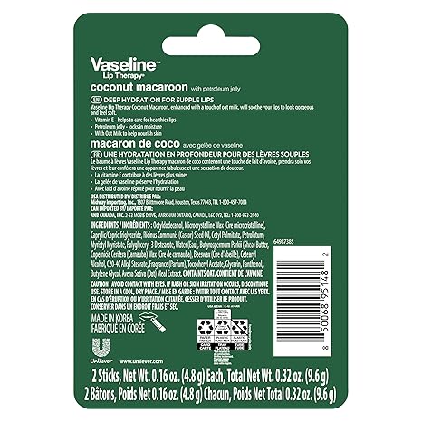 Vaseline Lip Therapy Holiday Edition Coconut Macaroon, Refreshing Hydration with Petroleum Jelly, 2 Pack with 4 Sticks, 0.16 oz Each