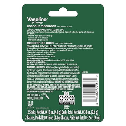 Vaseline Lip Therapy Holiday Edition Coconut Macaroon, Refreshing Hydration with Petroleum Jelly, 2 Pack with 4 Sticks, 0.16 oz Each