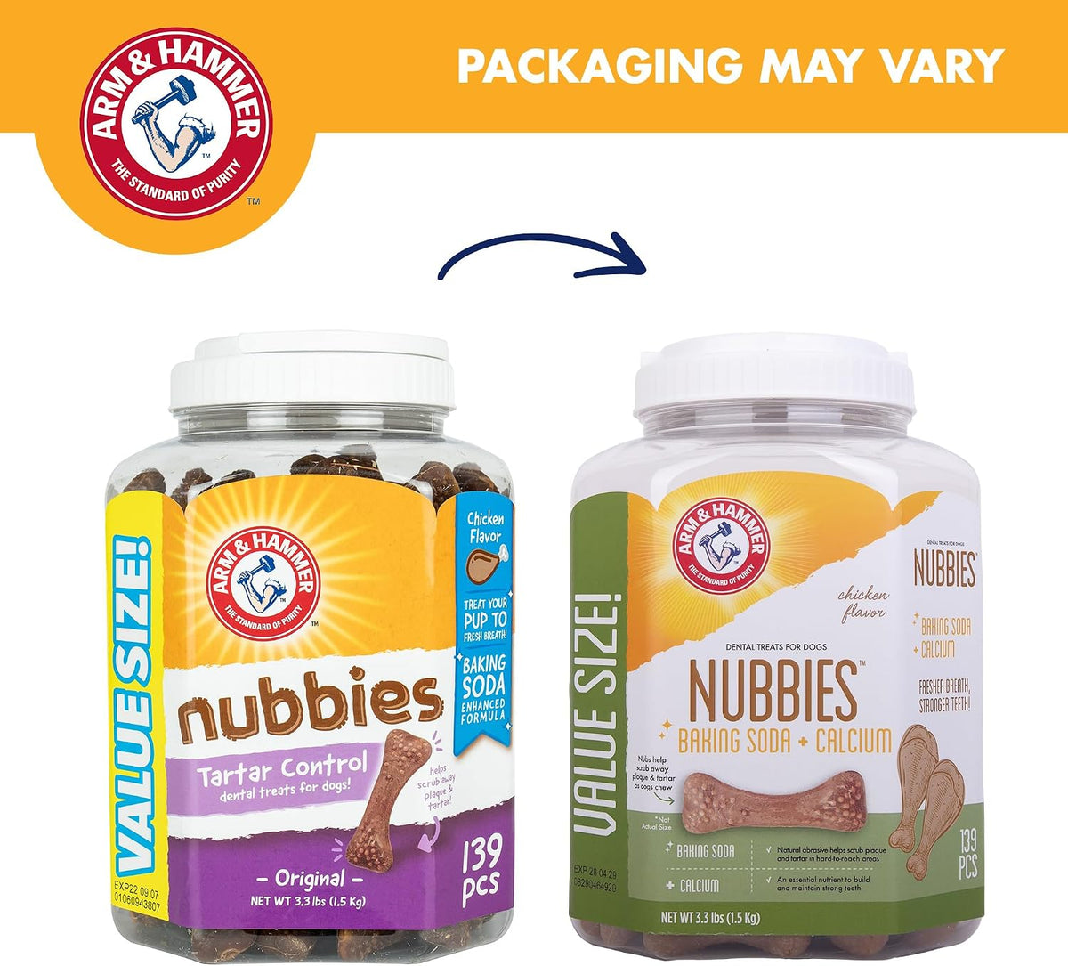 Arm & Hammer, Dog Dental Chews, Nubbies, Chicken Flavor, 139 Ct, 6-Pack