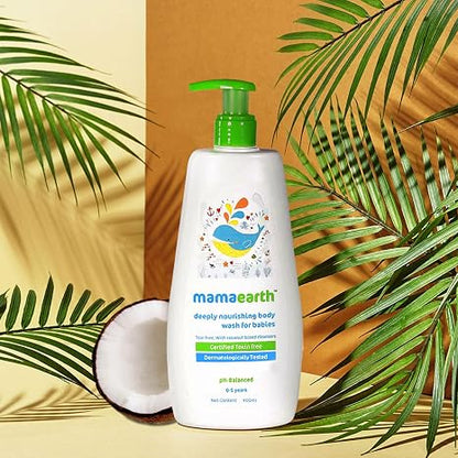 Mamaearth Deeply Nourishing Baby Body Wash | Tear Free Formula with Natural Cleansers | Hydrating Coconut & Jojoba Oil | Moisturizes Delicate Skin of Babies | 13.53 Fl Oz (400ml) | Baby body wash formulated with coconut and jojoba oil.