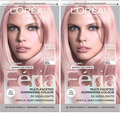 L'Oreal Paris Feria Multi-Faceted Shimmering Permanent Hair Color, P2 Rosy Blush (Smokey Pink) (Pack of 2)