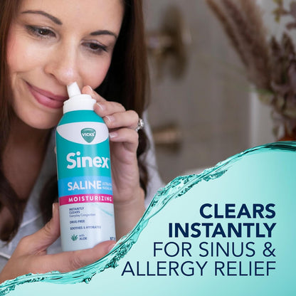 Vicks Sinex Saline Moisturizing Nasal Spray, with Aloe, Drug Free Ultra Fine Mist, Clear Everyday Sinus Congestion Fast, Clear Mucus from a Cold or Allergy, 5 OZ x 2