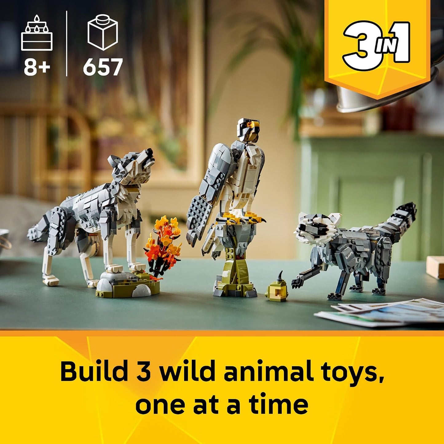 LEGO Creator 3 in 1 Forest Animals: Gray Wolf - Building Toy for Boys & Girls, Ages 8+ - Build a Wolf, Falcon or Raccoon - Gift for Kids' Birthdays - 31393