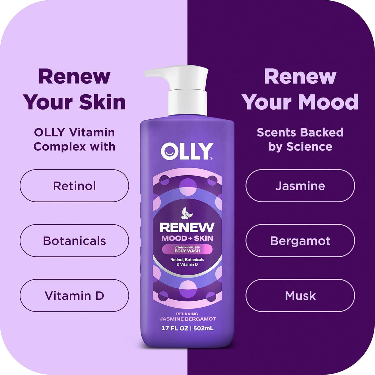 OLLY Body Wash Mixed Pack 4 Count, Calm, Renew, Bright, Revive