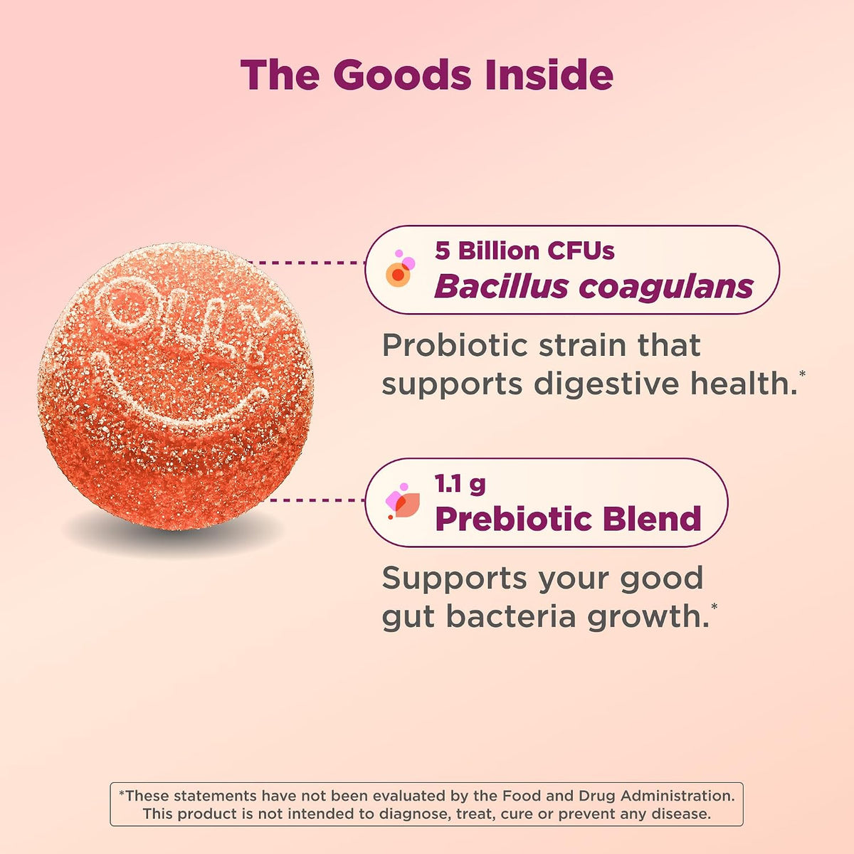 OLLY Probiotic + Prebiotic Gummy, 500 million CFUs, Peachy Peach - 30 Count