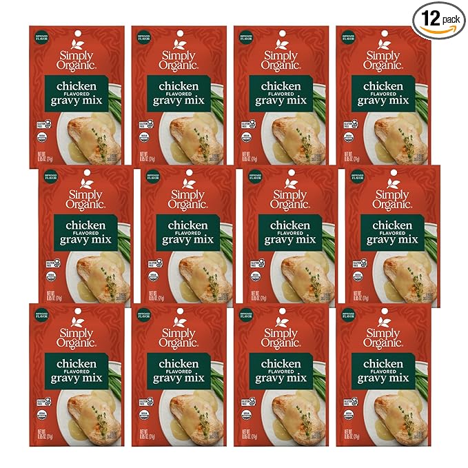 Simply Organic Chicken Flavored Gravy Mix, 0.85 Ounce 12-Pack, Certified Organic, Gluten-Free, Kosher, Rich Chicken Gravy