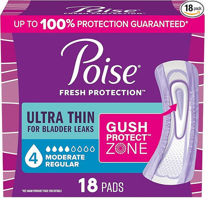 Poise Ultra Thin Incontinence & Postpartum Pads for Bladder Leaks, 4 Drop Moderate Absorbency, Regular Length, 18 Count (Packaging May Vary)