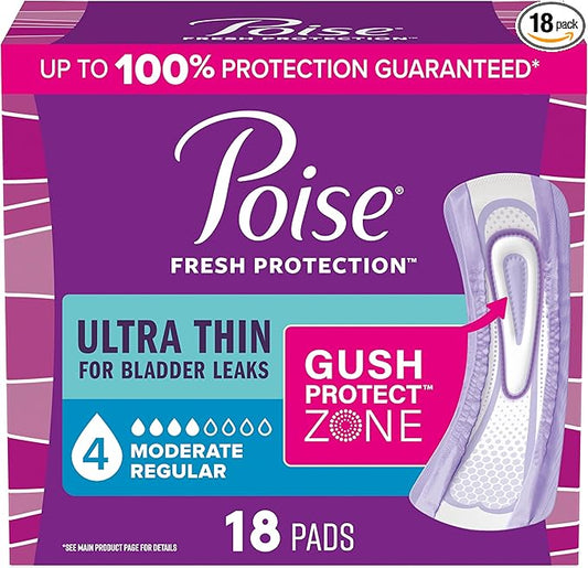 Poise Ultra Thin Incontinence & Postpartum Pads for Bladder Leaks, 4 Drop Moderate Absorbency, Regular Length, 18 Count (Packaging May Vary)