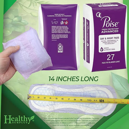 Poise 27 Day & Night Pads for Bladder Leaks - 6 Plus Drops - Ultimate 14 in. Long - Incontinence