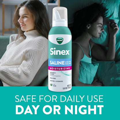 Vicks Sinex Saline Moisturizing Nasal Spray, with Aloe, Drug Free Ultra Fine Mist, Clear Everyday Sinus Congestion Fast, Clear Mucus from a Cold or Allergy, 5 OZ x 2