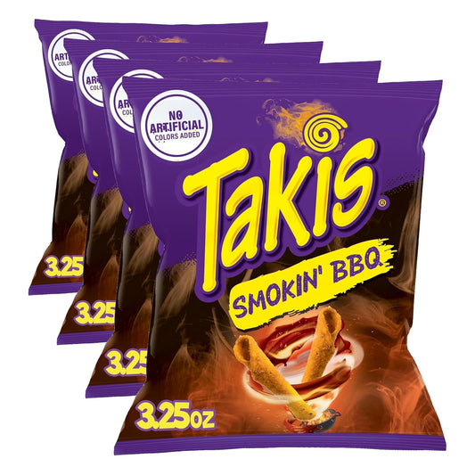 Takis Smokin' BBQ 3.25 oz Snack Size Bag, Barbecue Baby Back Ribs Flavored Mild Tangy Rolled Tortilla Chips (Pack of 4)