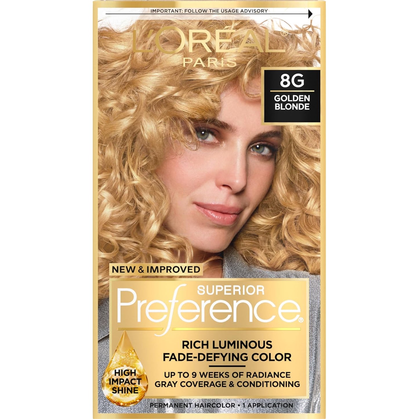 L'Oreal Paris Superior Preference Luminous Fade-Defying Permanent Hair Color, Hair Dye For Up to 9 Weeks of Radiance, Golden Blonde 8G, 1 Hair Dye Kit