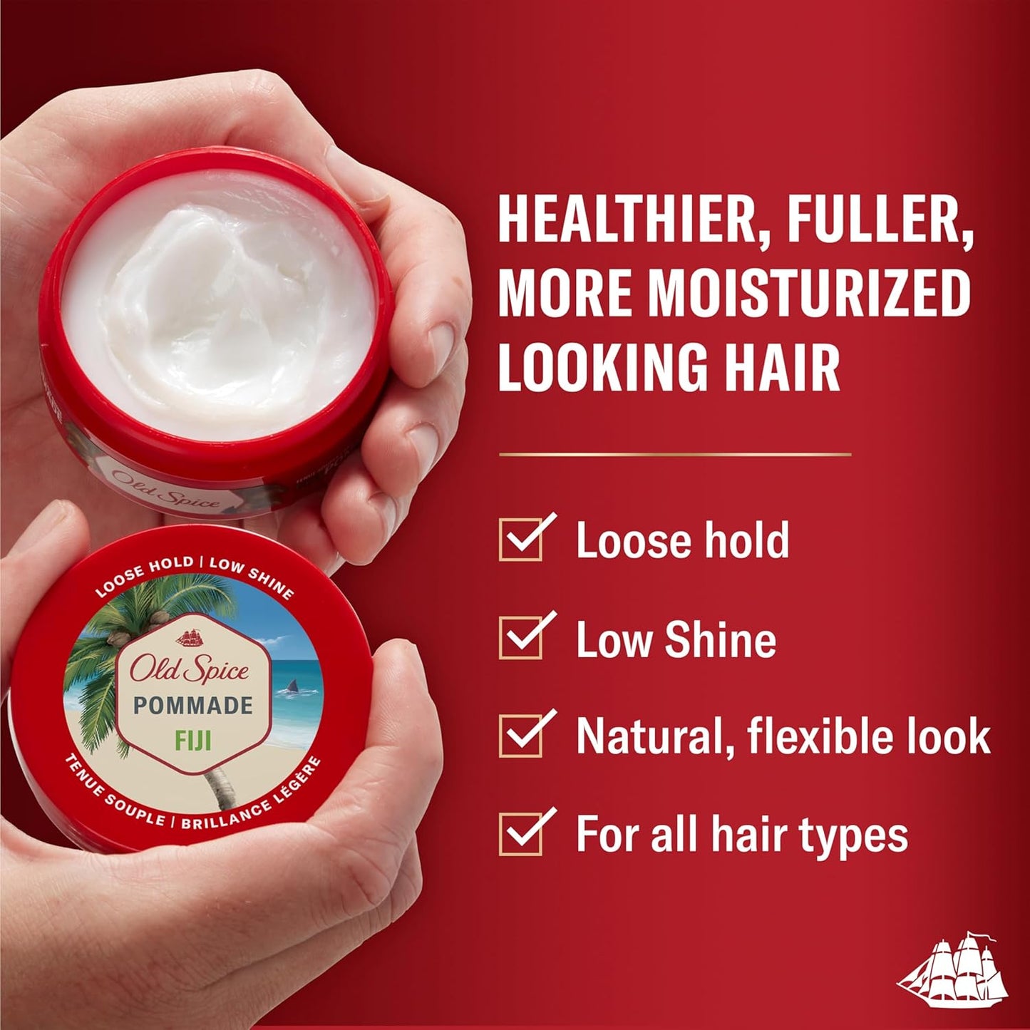 Old Spice Fiji Pomade for Men, Loose Hold, Low Shine, Men's Hair Styling, 2.22 Oz Each, Twin Pack (Pack of 4)