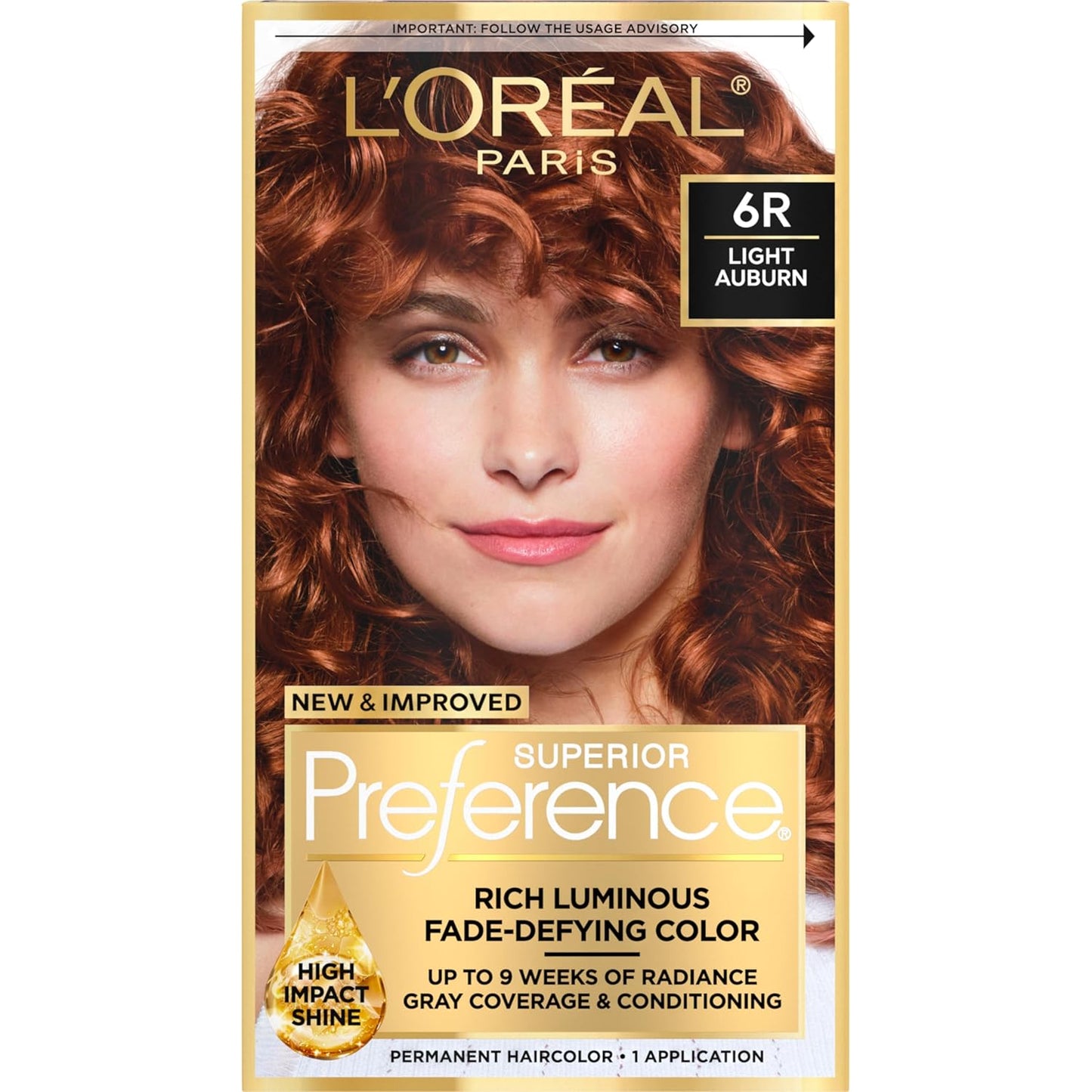 L'Oreal Paris Superior Preference Luminous Fade-Defying Permanent Hair Color, Hair Dye For Up to 9 Weeks of Radiance, Light Auburn 6R, 1 Hair Dye Kit