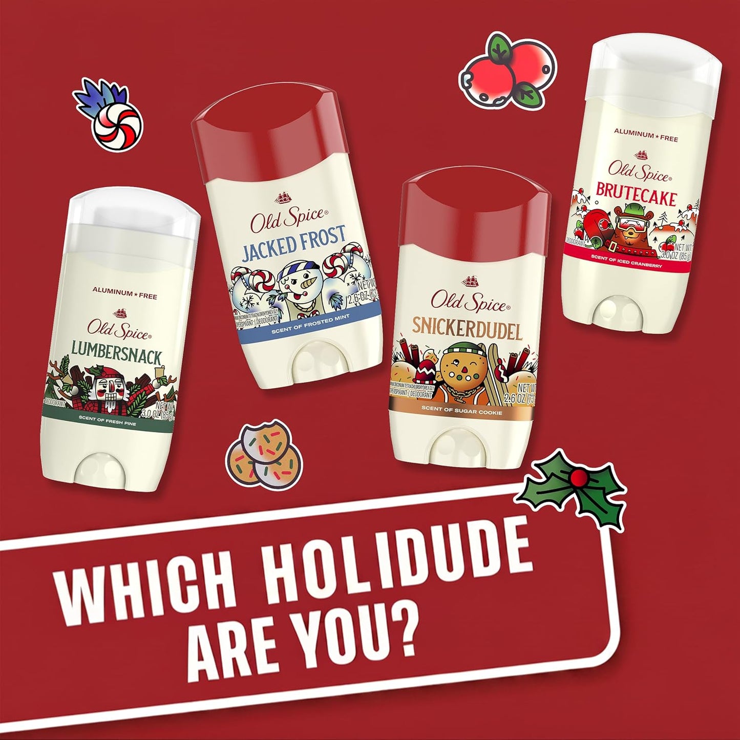 Old Spice Aluminum Free Deodorant for Men, Holidudes Limited Edition, 24/7 Holiday Freshness, Odor Protection, Stocking Stuffer, BruteCake with Iced Cranberry Scent, 3.0 oz