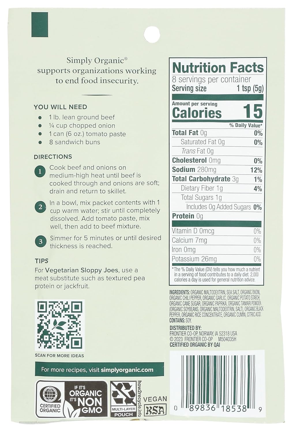 Simply Organic Sloppy Joe, Certified Organic, Kosher, Chili Mixes | 1.41 Ounce (Pack of 1)