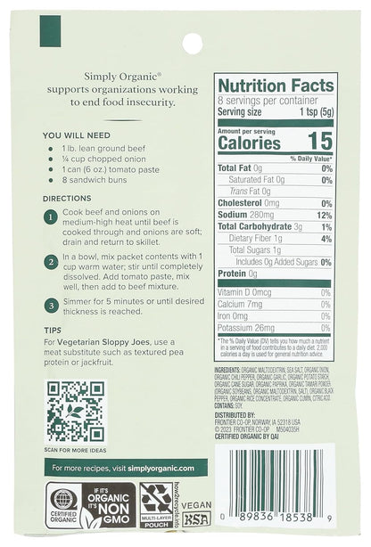 Simply Organic Sloppy Joe, Certified Organic, Kosher, Chili Mixes | 1.41 Ounce (Pack of 1)