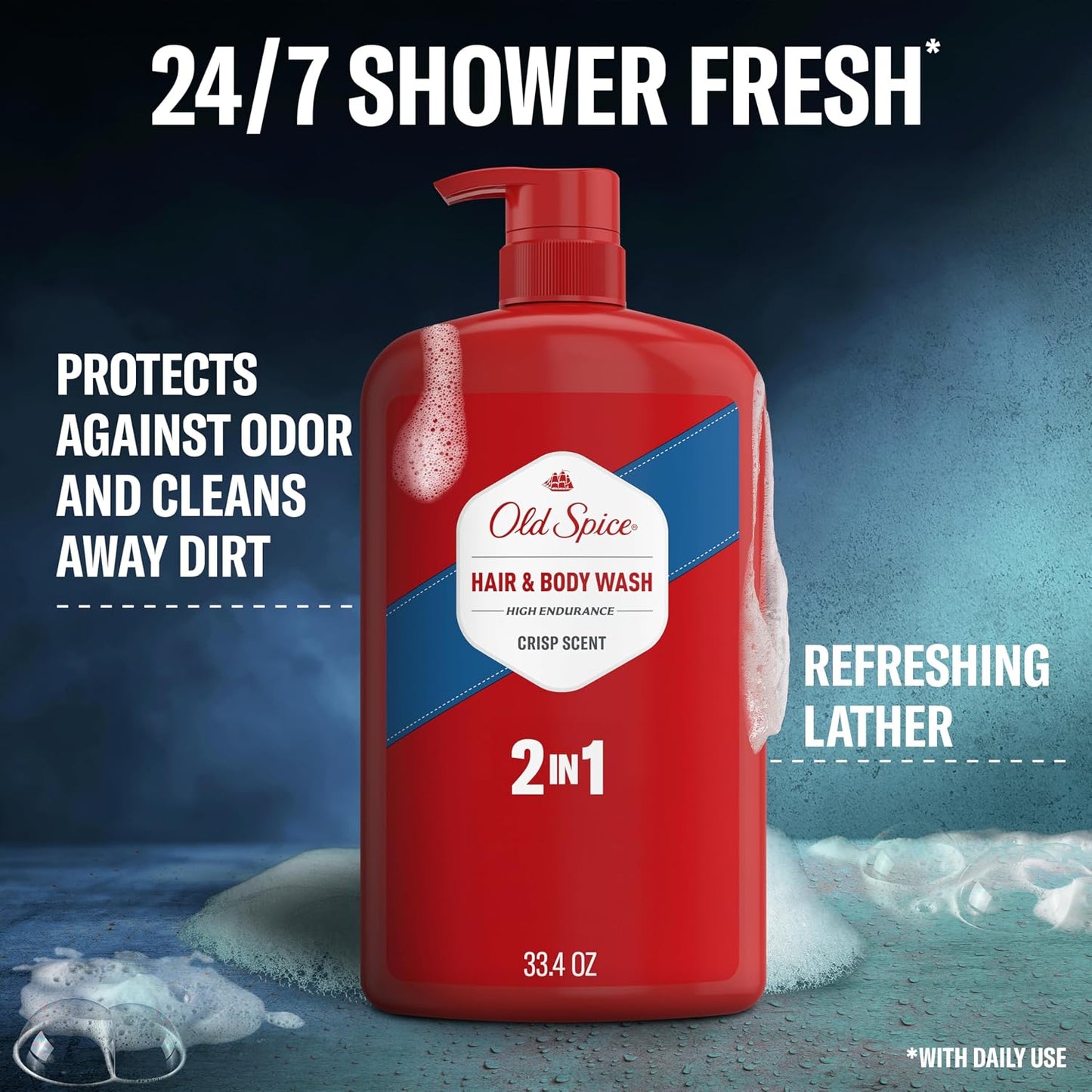 Old Spice Refreshing 2-in-1 Body & Face Wash for Men, High Endurance, 3X Defense, 24/7 Shower Fresh with Lasting Scent, Crisp Scent, 33.4 oz (Pack of 4)