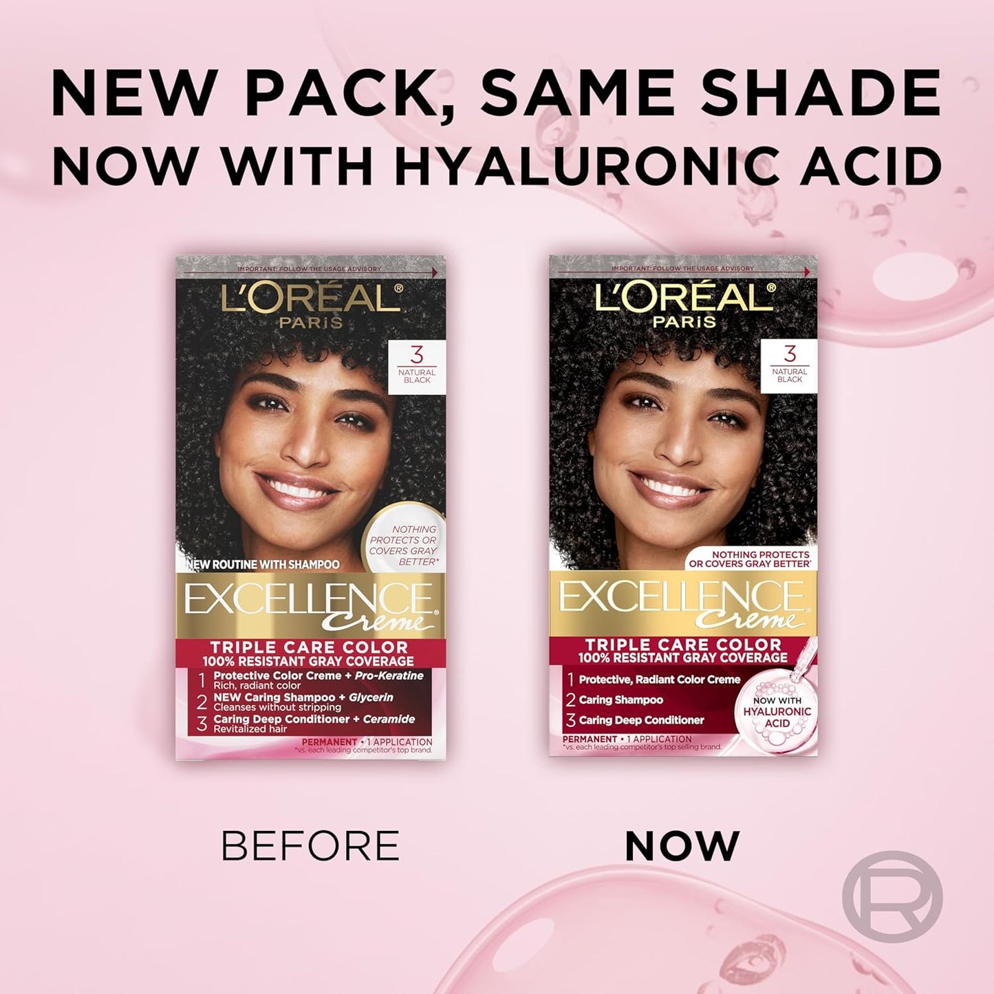 L'Oreal Paris Excellence Crème Permanent Hair Dye, Triple Care Hair Color with Hyaluronic Acid for 100% Gray Coverage, 3 Natural Black, 1 Kit (Packaging May Vary)