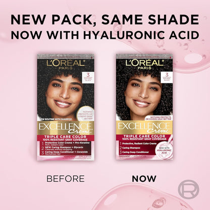 L'Oreal Paris Excellence Crème Permanent Hair Dye, Triple Care Hair Color with Hyaluronic Acid for 100% Gray Coverage, 3 Natural Black, 1 Kit (Packaging May Vary)