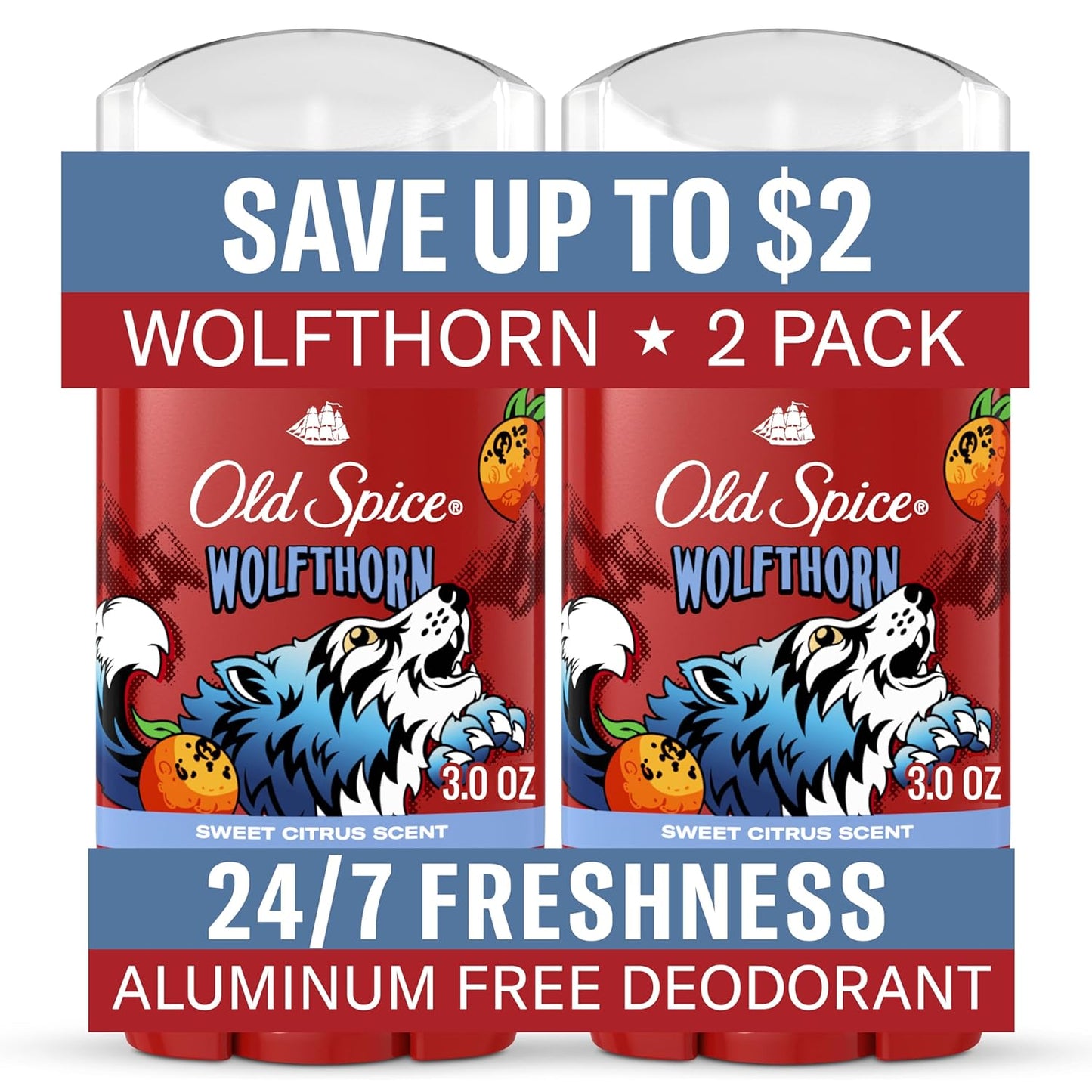 Old Spice Aluminum Free Deodorant for Men, 24/7 Long-Lasting Freshness & Scent, Long Lasting Protection to Help Fight Odors, Legendary Fragrance, Wolfthorn Sweet Citrus Scent, 3 oz (Pack of 2)
