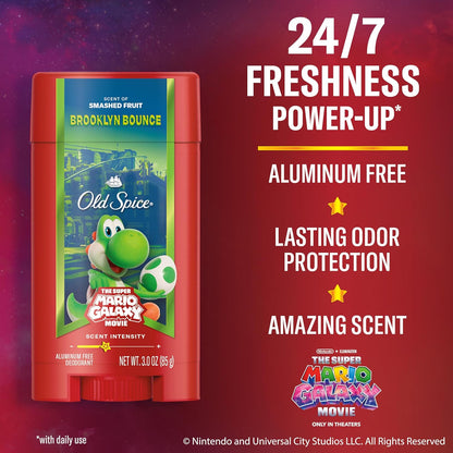 Old Spice Aluminum Free Deodorant for Men, Old Spice x The Super Mario Galaxy Movie, 24/7 Lasting Freshness, Lasting Odor Protection, Smell Super with Brooklyn Bounce, Smashed Fruit Scent, 3.0 oz
