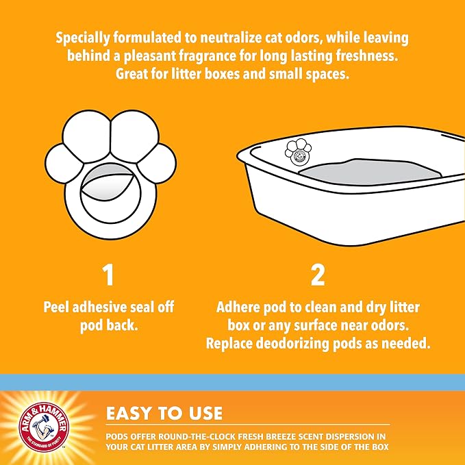 Arm & Hammer Pets Cat Litter Box Deodorizing Pods 2 pods, Fresh Breeze Scent | 2 Cat Litter Box Deodorizer from Arm and Hammer | Combats Cat Odors | 2 Adhesive Devices (Pack of 2)