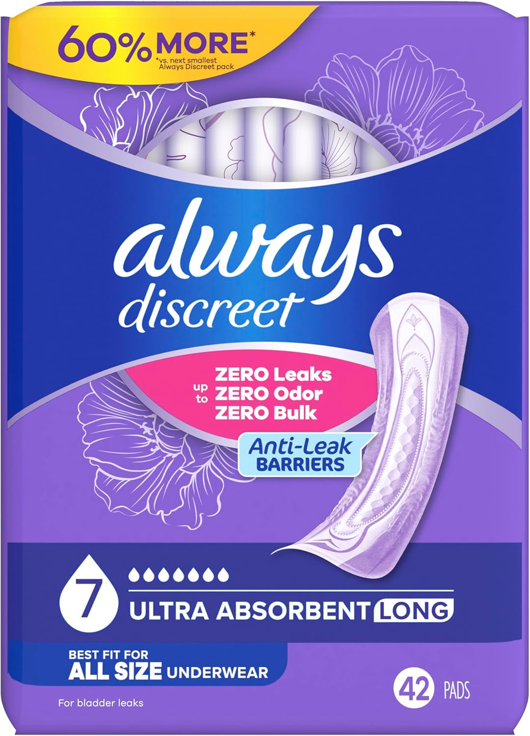 Always Discreet Adult Incontinence Pads for Women, Drier, 7 Drop Long Length, Ultra Absorbency, Pads for Bladder Control Management, Bladder Leaks, Overnight & Postpartum Pads, 42ct
