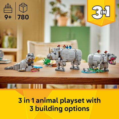 LEGO Creator 3 in 1 Wild Animals: Majestic Rhino with Birds Building Toys for Kids - Safari Pretend Play Toys for Girls & Boys, Ages 9+ - Gift for Birthdays - 31171