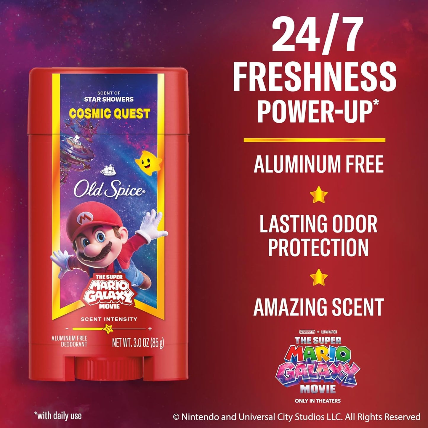 Old Spice Aluminum Free Deodorant for Men, Old Spice x The Super Mario Galaxy Movie, 24/7 Lasting Freshness, Lasting Odor Protection, Smell Super with Cosmic Quest, Star Showers Scent, 3.0 oz