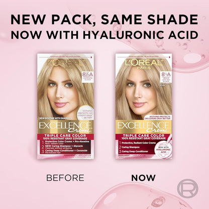 L'Oreal Paris Excellence Crème Permanent Hair Dye, Triple Care Hair Color with Hyaluronic Acid for 100% Gray Coverage, 8.5A Medium Light Ash Blonde, 1 Kit (Packaging May Vary)