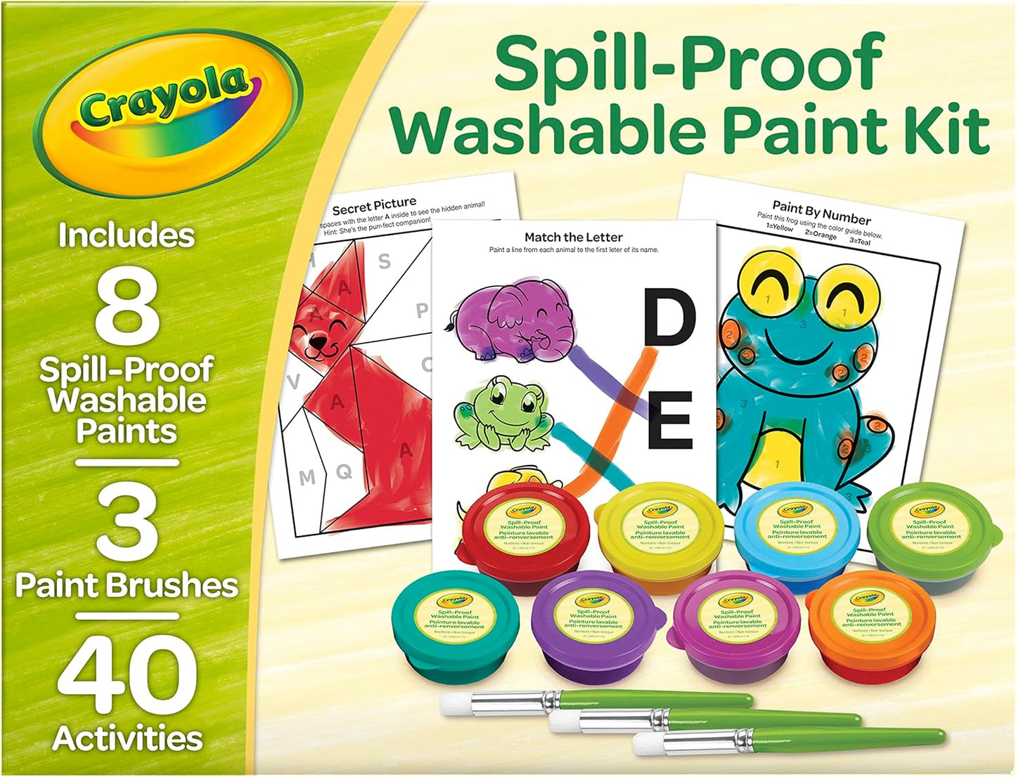 Crayola Spill Proof Paint Set (8ct), Washable Toddler Paint Kit, with Brushes, Pots, Activity Pages, Arts & Crafts Kit, Gift for Toddlers, Ages 3+ (Pack of 2)