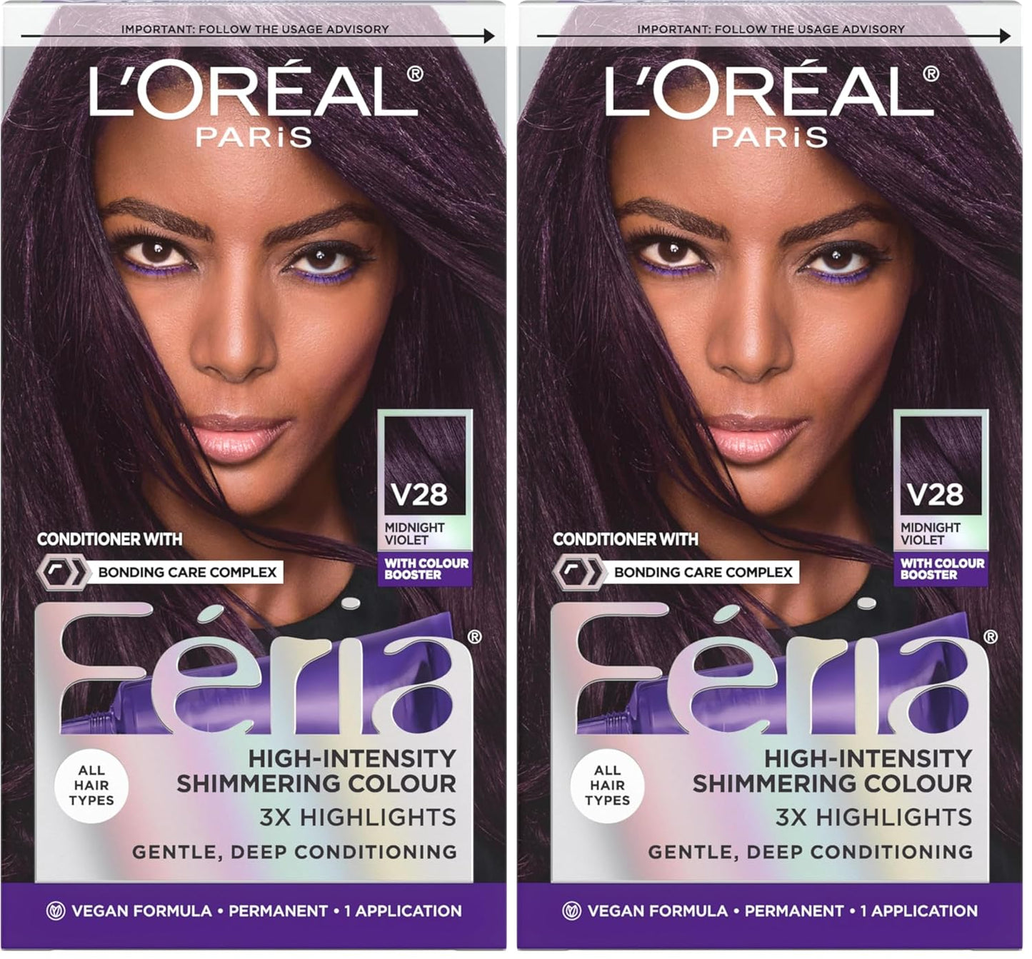 L'Oreal Paris Feria Multi-Faceted Shimmering Permanent Hair Color Hair Dye, V28 Midnight Violet (Deepest Violet) (Pack of 2)