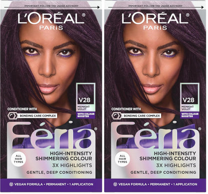 L'Oreal Paris Feria Multi-Faceted Shimmering Permanent Hair Color Hair Dye, V28 Midnight Violet (Deepest Violet) (Pack of 2)