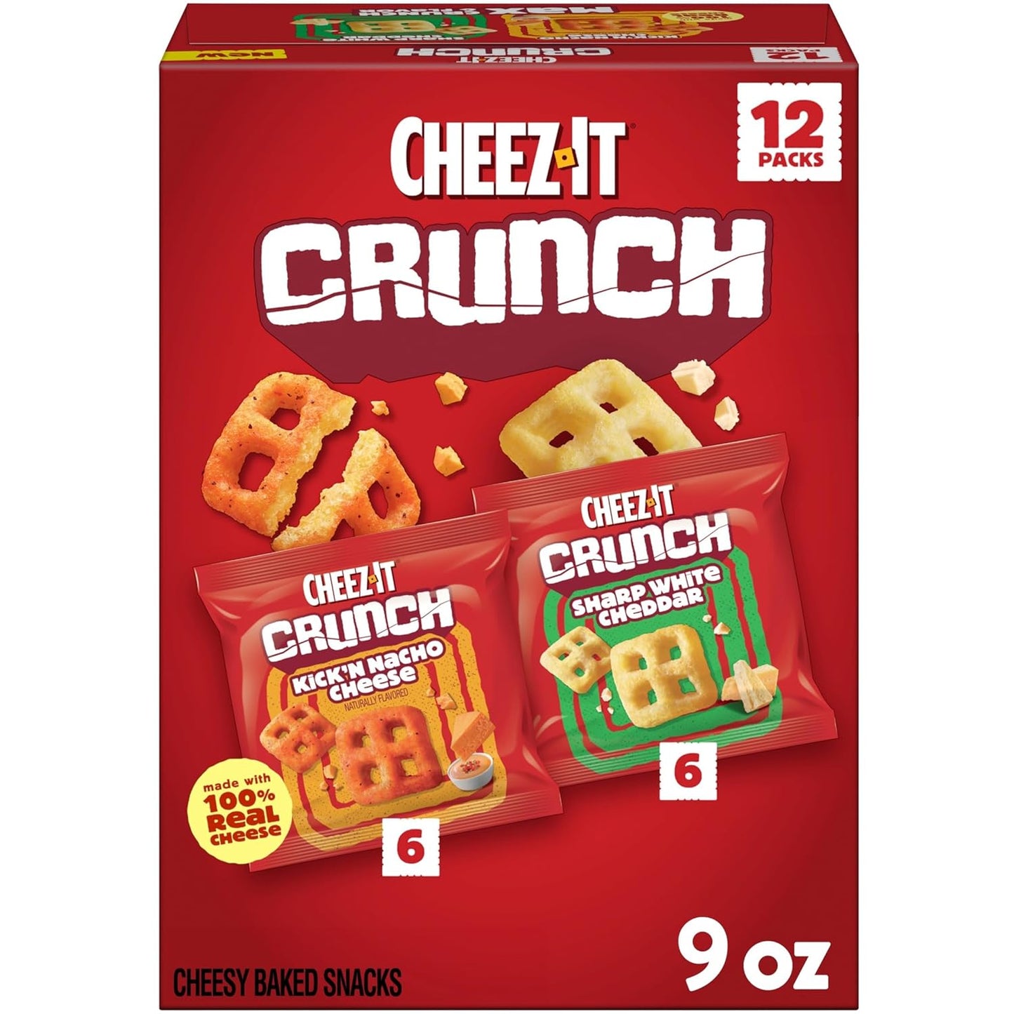 Cheez-It Crunch Cheesy Baked Snacks, Lunch Snacks, Variety Pack, 9oz Box (12 Packs)