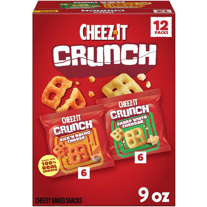 Cheez-It Crunch Cheesy Baked Snacks, Lunch Snacks, Variety Pack, 9oz Box (12 Packs)