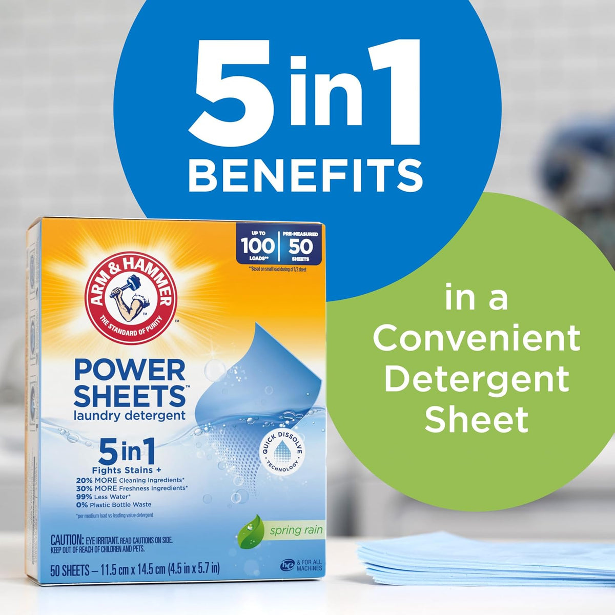 ARM & HAMMER 5-in-1 Power Sheets Laundry Detergent, Spring Rain, 50 Count (Pack of 6)