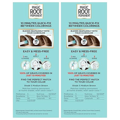 L'Oreal Paris Magic Root Permanent Hair Color Kit, 100% Gray Hair Coverage In Just 10 Minutes, Precision Brush Applicator for Seamless Application, 5 Medium Brown (2 Count)