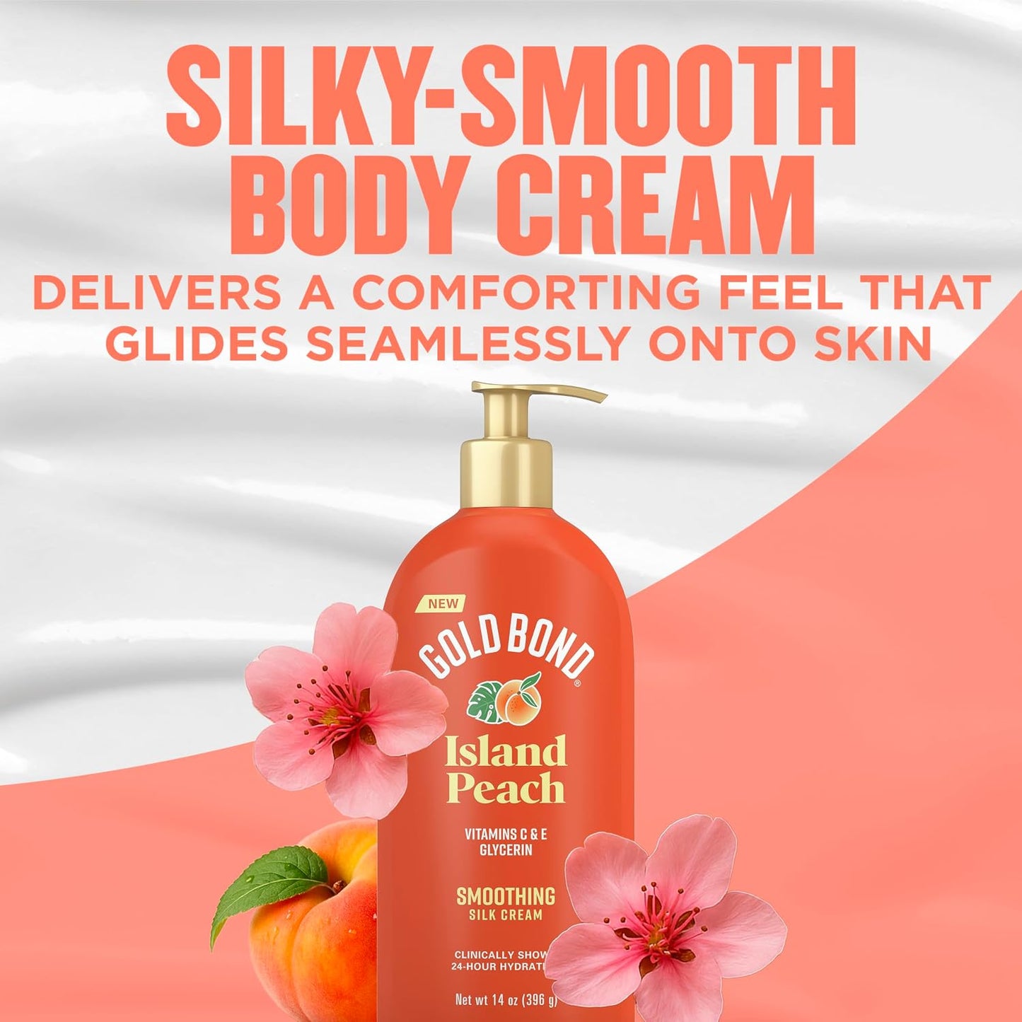 Gold Bond Island Peach Smoothing Silk Cream, Juicy Peach Scent, 24-Hour Hydrating Body Lotion with Vitamin C, Vitamin E, and Jojoba Oil, 14 oz.
