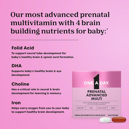 One A Day Prenatal Advanced- Prenatal Vitamins with Folic Acid, Choline, DHA & Iron, Pregnancy Vitamins for Women to Support Baby’s Development, 30+30 Ct (60 Total Set) (Packaging May Vary)