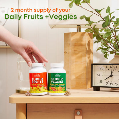 Country Farms Fruits and Vegetables Supplement, 180 Fruit and 180 Veggie Capsules, Greens and Reds Packed with Superfoods, Powerful Antioxidants, 60 Servings
