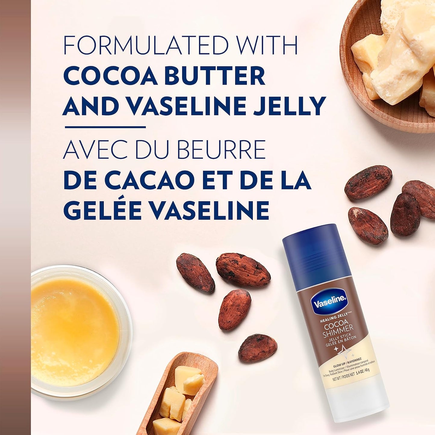 Vaseline Lotion Bundle, Cocoa Shimmer Jelly Stick Highlighter & Luminizer + All Over Body Balm Stick, Vaseline Cocoa Butter, Body Balm Skin Care Set, Petroleum Jelly for Dry Skin (4 Piece Set)
