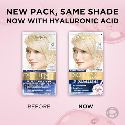 L'Oreal Paris Excellence Crème Permanent Hair Dye, Triple Care Hair Color with Hyaluronic Acid for 100% Gray Coverage, 01 Extra Light Natural Ash Blonde, 1 Kit (Packaging May Vary)