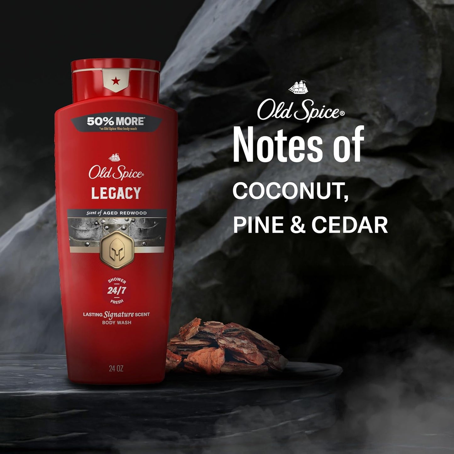 Old Spice Body Wash for Men, 24/7 Shower Fresh & Clean with Daily Use, Lasting Signature Scent, Refreshing Lather, Moisturizing Formula, Legacy with Coconut, Pine & Cedar Scent, 24 oz