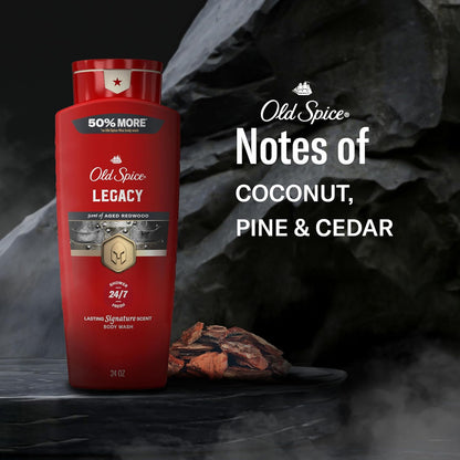 Old Spice Body Wash for Men, 24/7 Shower Fresh & Clean with Daily Use, Lasting Signature Scent, Refreshing Lather, Moisturizing Formula, Legacy with Coconut, Pine & Cedar Scent, 24 oz