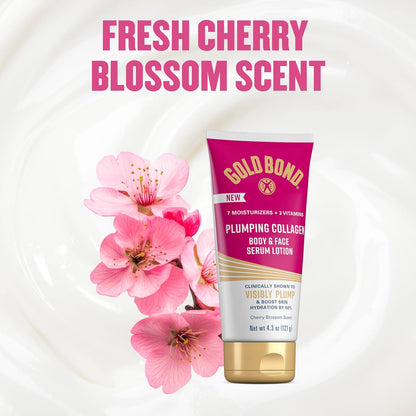 Gold Bond Plumping Collagen Body and Face Serum Lotion, Lightweight Hydrating Moisturizer with Collagen Peptide Complex, Jojoba and Grapeseed Oils to Visibly Plump Skin, Cherry Blossom Scent, 4.3 oz