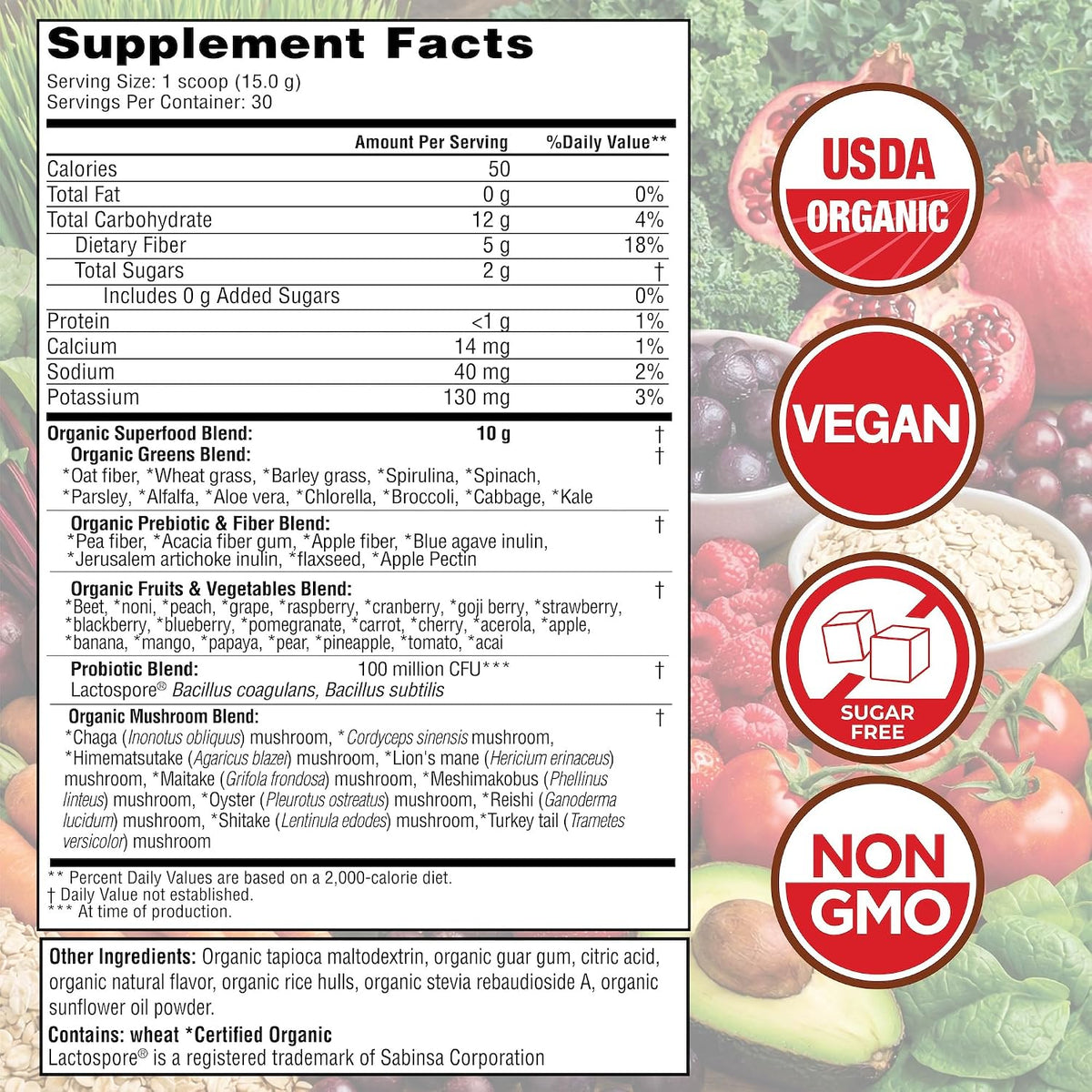Country Farms Super Greens Berry Flavor, 50 Organic Super Foods, USDA Organic Drink Mix (Wheat Grass, Spirulina, Chlorella) Mushrooms & Probiotics, with Fiber, Gut Health, Natural Energy, 30 Servings